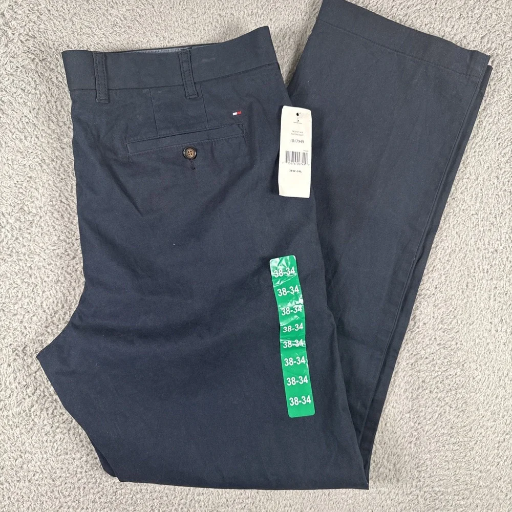 Tommy Hilfiger Chino Pants Men's 38x34 Navy Blue Tailored Fit Flat Front NEW